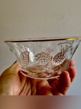 French vintage Clear Embossed Glass Berry Bowl with Gold Rim
